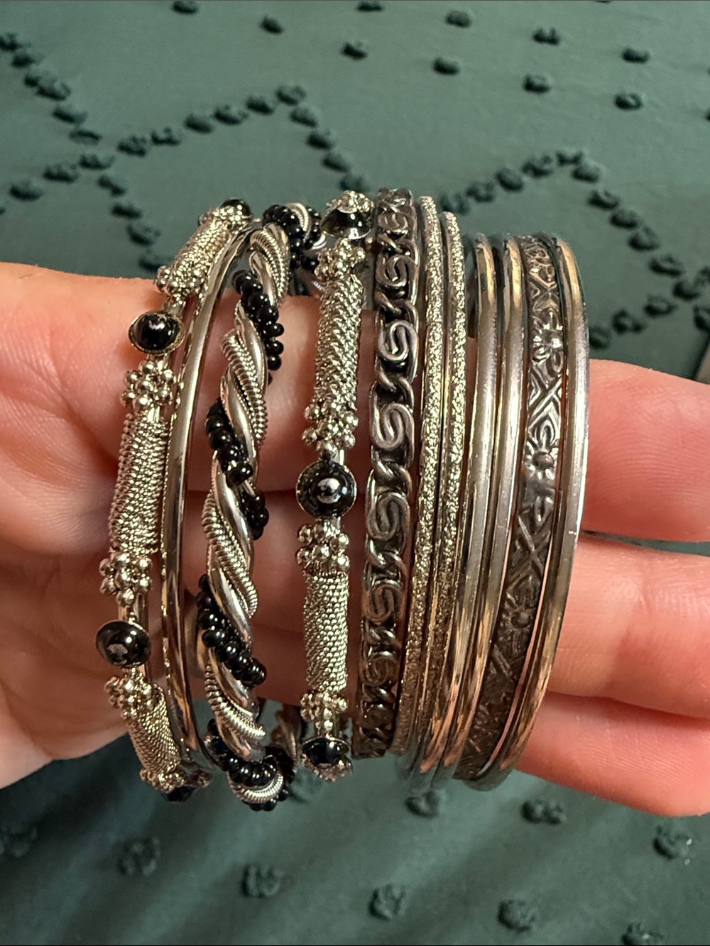 Stackable Silver-Tone Women's Bangle Bracelet Set with Black accents